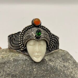 Bali Carved Goddess Emerald 925 Sterling Silver Bracelet Cuff Bracelet 6.5"